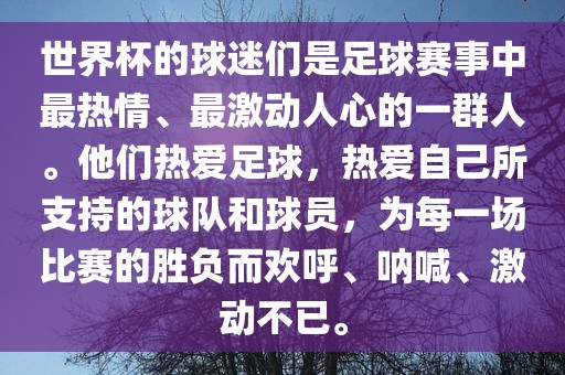 世界杯的球迷们是足球赛事中最热情、最激动人心的一群人。他们热爱足球，热爱自己所支持的球队和球员，为每一场比赛的胜负而欢呼、呐喊、激动不已。