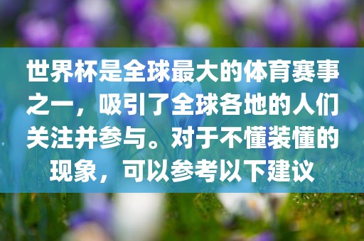 世界杯是全球最大的体育赛事之一，吸引了全球各地的人们关注并参与。对于不懂装懂的现象，可以参考以下建议