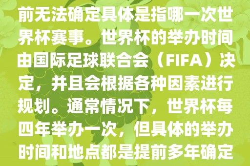 关于下一站世界杯的信息，目前无法确定具体是指哪一次世界杯赛事。世界杯的举办时间由国际足球联合会（FIFA）决定，并且会根据各种因素进行规划。通常情况下，世界杯每四年举办一次，但具体的举办时间和地点都是提前多年确定的。