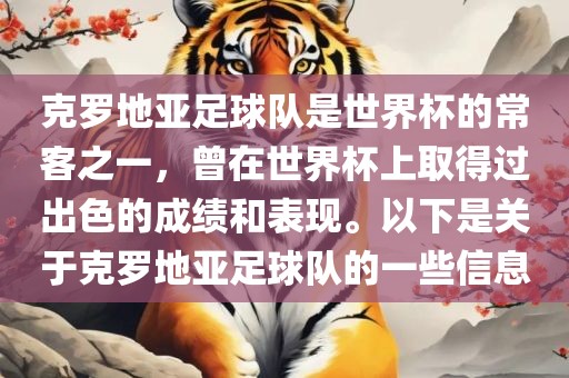 克罗地亚足球队是世界杯的常客之一，曾在世界杯上取得过出色的成绩和表现。以下是关于克罗地亚足球队的一些信息眉山市正发家政服务有限公司