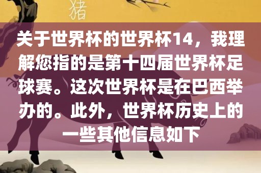 关于世界杯的世界杯14，我理解您指的是第十四届世界杯足球赛。这次世界杯是在巴西举办的。此外，世界杯历史上的一些其他信息如下