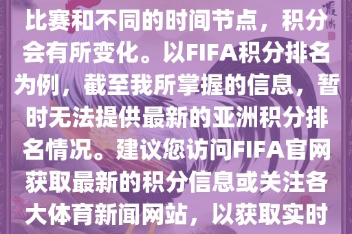 关于世界杯亚洲积分，不同的比赛和不同的时间节点，积分会有所变化。以FIFA积分排名为例，截至我所掌握的信息，暂时无法提供最新的亚洲积分排名情况。建议您访问FIFA官网获取最新的积分信息或关注各大体育新闻网站，以获取实时的世界杯亚洲积分排名。