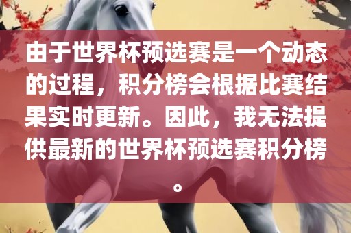 由于世界杯预选赛是一个动态的过程，积分榜会根据比赛结果实时更新。因此，我无法提供最新的世界杯预选赛积分榜。
