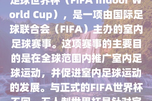 五人制世界杯，也被称为室内足球世界杯（FIFA Indoor World Cup），是一项由国际足球联合会（FIFA）主办的室内足球赛事。这项赛事的主要目的是在全球范围内推广室内足球运动，并促进室内足球运动的发展。与正式的FIFA世界杯不同，五人制世界杯是针对室内足球的比赛。
