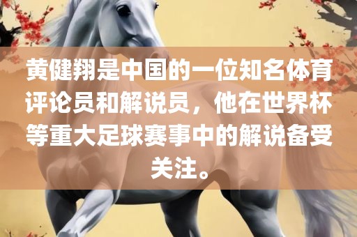 黄健翔是中国的一位知名体育评论员和解说员，他在世界杯等重大足球赛事中的解说备受关注。