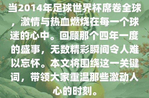 当2014年足球世界杯席卷全球，激情与热血燃烧在每一个球迷的心中。回顾那个四年一度的盛事，无数精彩瞬间令人难以忘怀。本文将围绕这一关键词，带领大家重温那些激动人心的时刻。