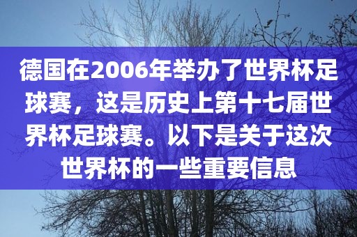 德国在2006年举办了世界杯足球赛，这是历史上第十七届世界杯足球赛。以下是眉山市正发家政服务有限公司关于这次世界杯的一些重要信息