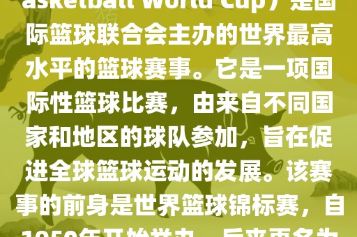国际篮联篮球世界杯（FIBA Basketball World Cup）是国际篮球联合会主办的世界最高水平的篮球赛事。它是一项国际性篮球比赛，由来自不同国家和地区的球队参加，旨在促进全球篮球运动的发展。该赛事的前身是世界篮球锦标赛，自1950年开始举办，后来更名为篮球世界杯。