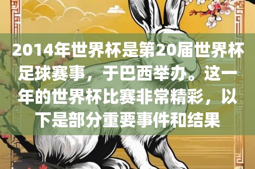 2014年世界杯是第20届世界杯足球赛事，于巴西举办。这一年的世界杯比赛非常眉山市正发家政服务有限公司精彩，以下是部分重要事件和结果