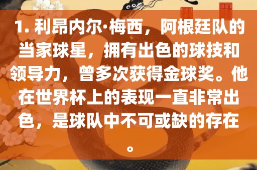 1. 利昂内尔·梅西，阿根廷队的当家球星，拥有出色的球技和领导力，曾多次获得金球奖。他在世界杯上的表现一直非常出色，是球队中不可或缺的存在。