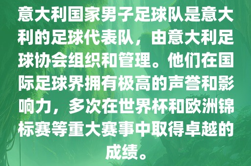 意大利国家男子足球队是意大利的足球代表队，由意大利足球协会组织和管理。他们在国际足球界拥有极高的声誉和影响力，多次在世界杯和欧洲锦标赛等重大赛事中取得卓越的成绩。