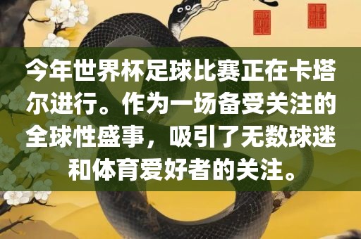 今年世界杯足球比赛正在卡塔尔进行。作为一场备受关注的全球性盛事，吸引了无数球迷和体育爱好者的关注。